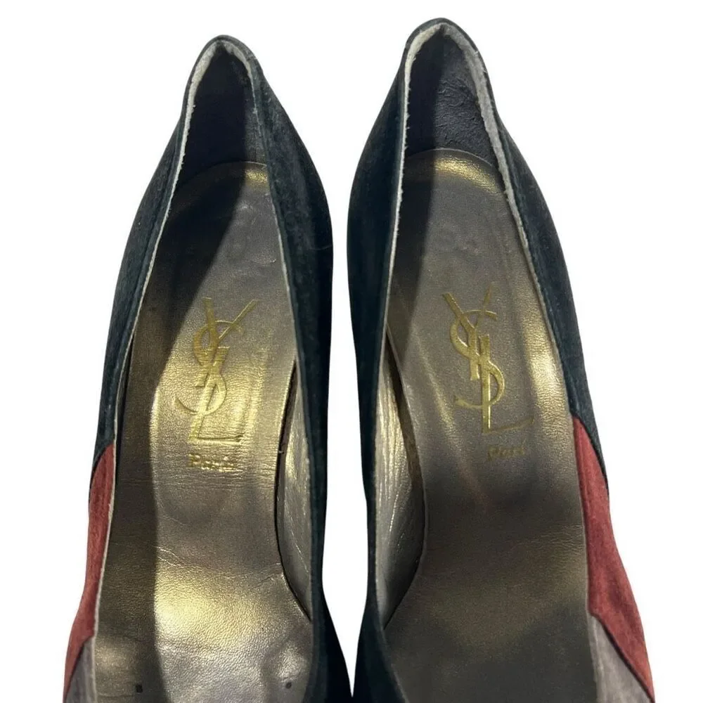Yves Saint Laurent Black Gray & Red Suede Pumps Heels Sz6 Vintage